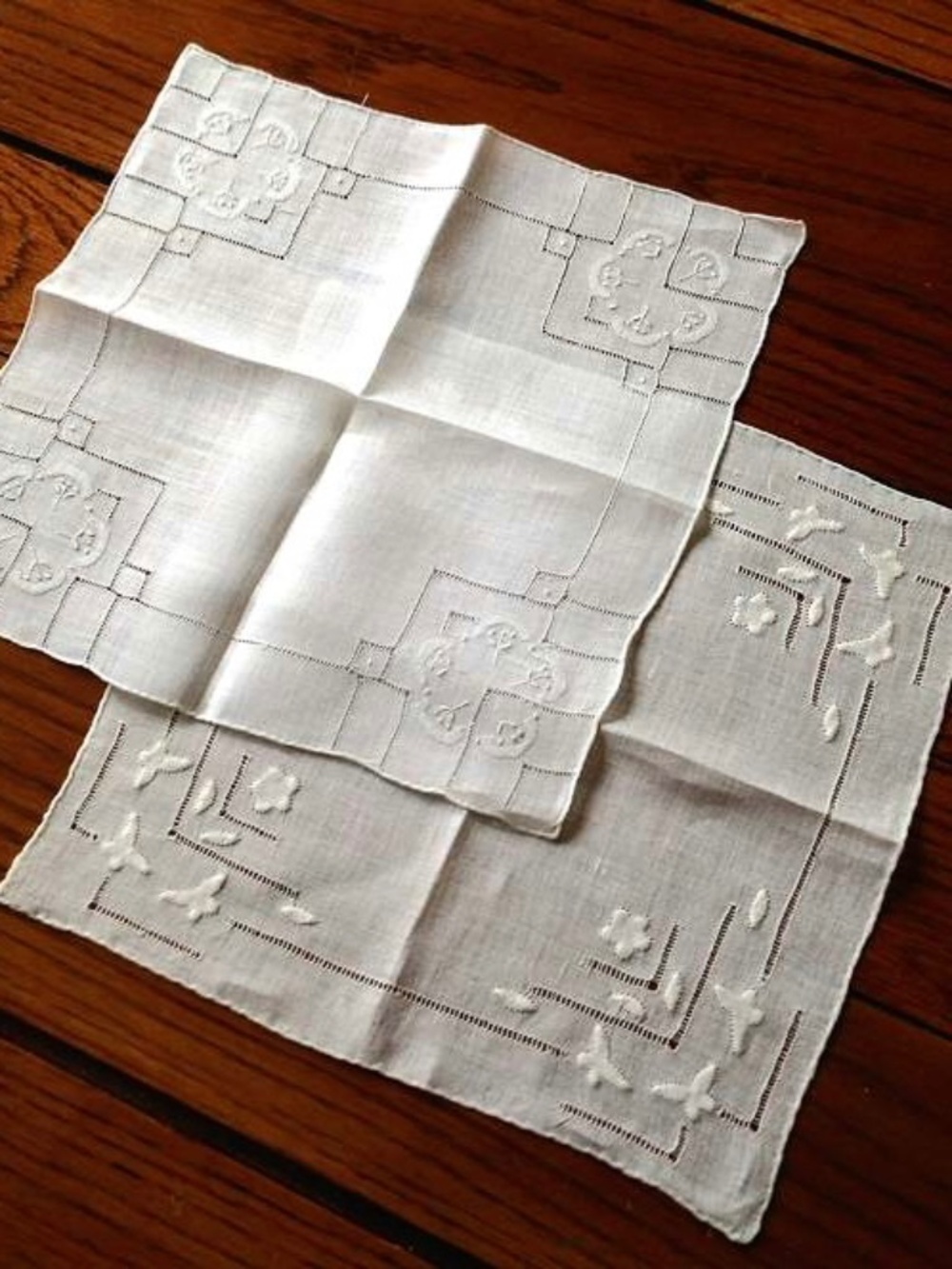 2 white linen vintage wedding hankies  ..11” sq..shadow work drawn work